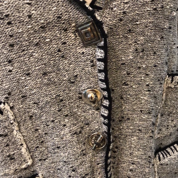 Barbara Katz Classic soft tweed quad pocket stitch trim boho button down sweater - Picture 7 of 13